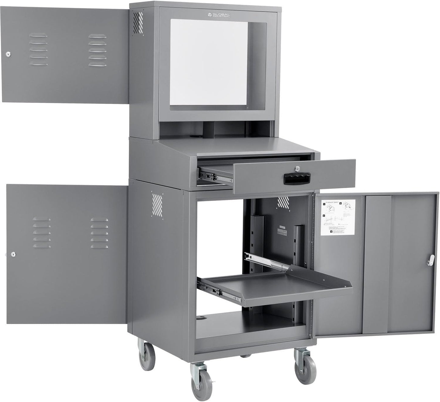Global Industrial Mobile Security LCD Computer Cabinet Enclosure for 24" Diagonal Monitors, Steel Construction, Gray Powder Coat Finish, 24-1/2"W x 22-1/2"D x 62-3/4"H