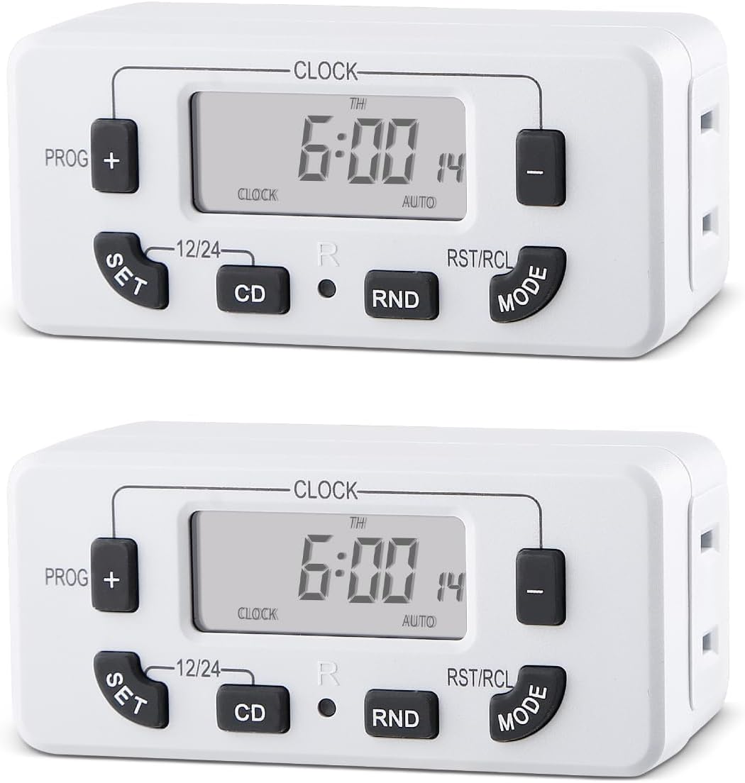 7 Day Programmable Digital Timer Outlet, Indoor Timer with Single Plug-in, Suitable for Lamp, Fan, Aquarium, 15A 1/2HP, 2 Pack