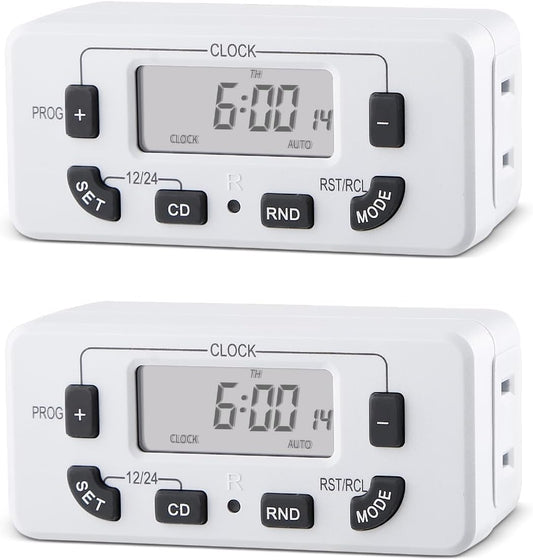 7 Day Programmable Digital Timer Outlet, Indoor Timer with Single Plug-in, Suitable for Lamp, Fan, Aquarium, 15A 1/2HP, 2 Pack
