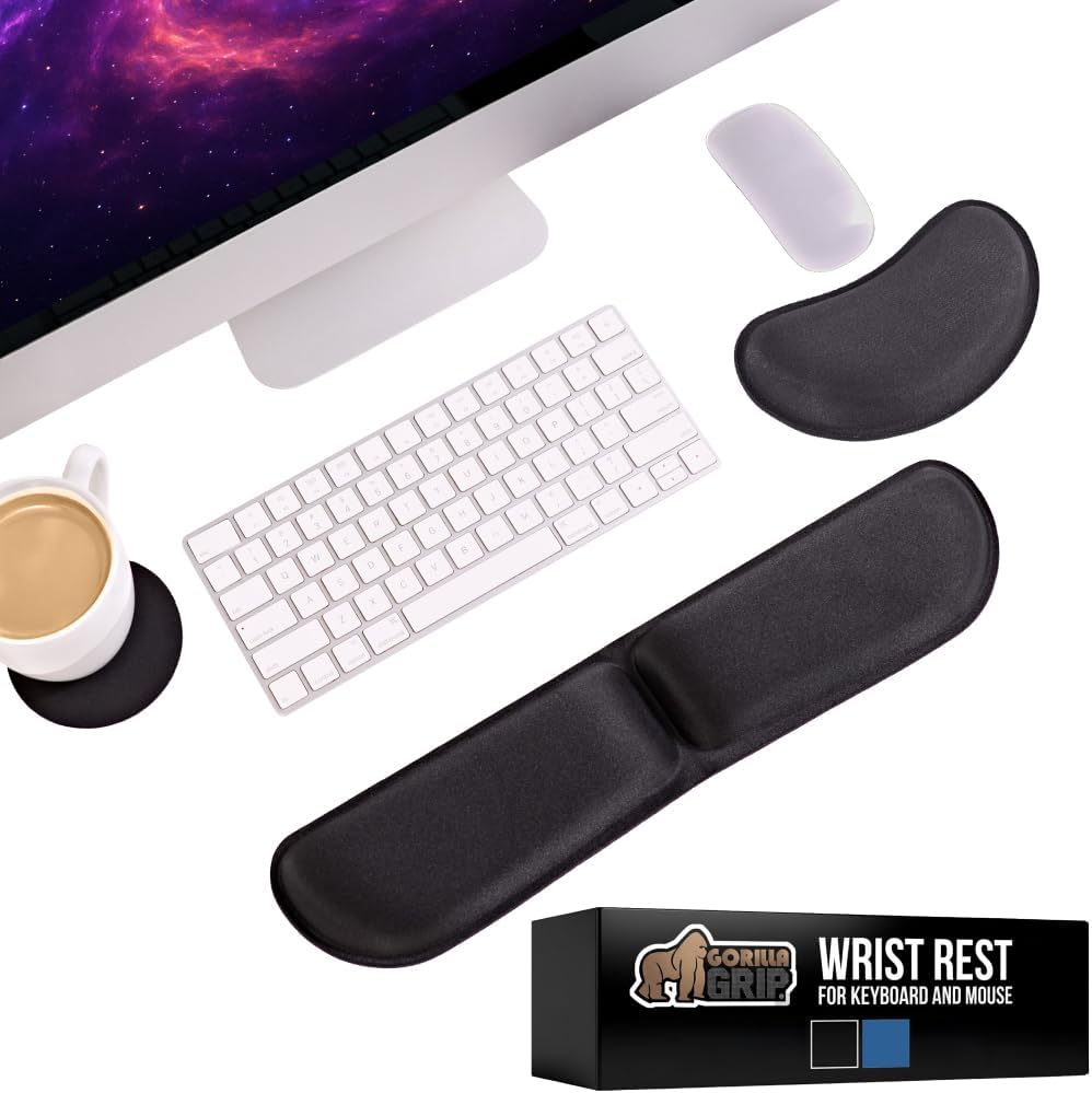 GORILLA GRIP Silky Gel Memory Foam Keyboard Wrist Rest for Computer and Mouse Pad, Ergonomic Design Typing Support, Desk Office Supplies, Hand & Arm Mousepad Cushion and Coaster, 3 Piece Set, Black