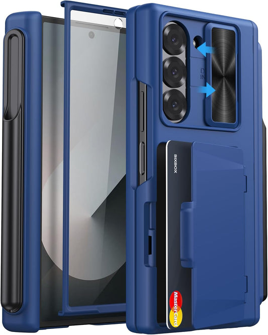 for Samsung Galaxy Z Fold 6 Wallet Case & S Pen Holder & Hinge Protection & Camera Cover, Built-in Card Holder & Screen Protector, Durable Multifunctional Phone Case for Z Fold 6 2024, Blue