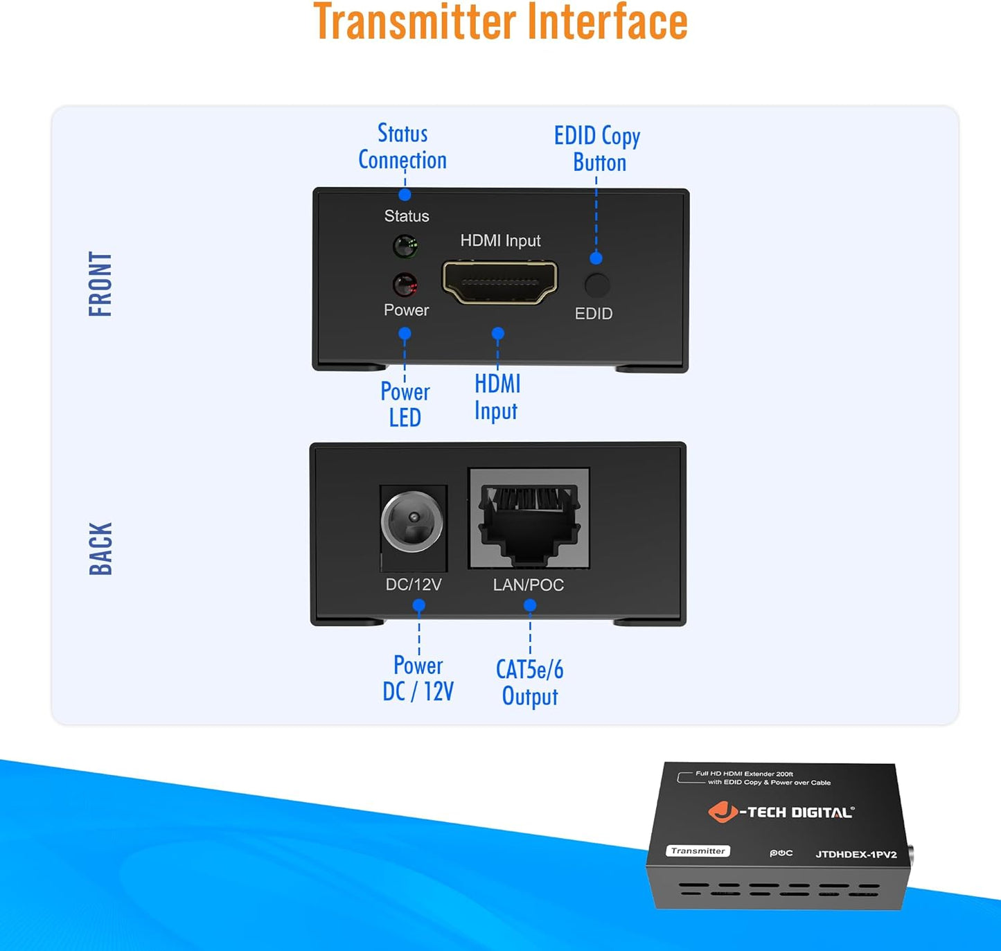 J-Tech Digital HDMI Extender 1080P 60Hz Over Single CAT 5e/6/7 PoC (Power Over Cable) up to 165ft, Deep Color EDID Copy Zero Signal Loss [JTD-HDEX-1PV2]