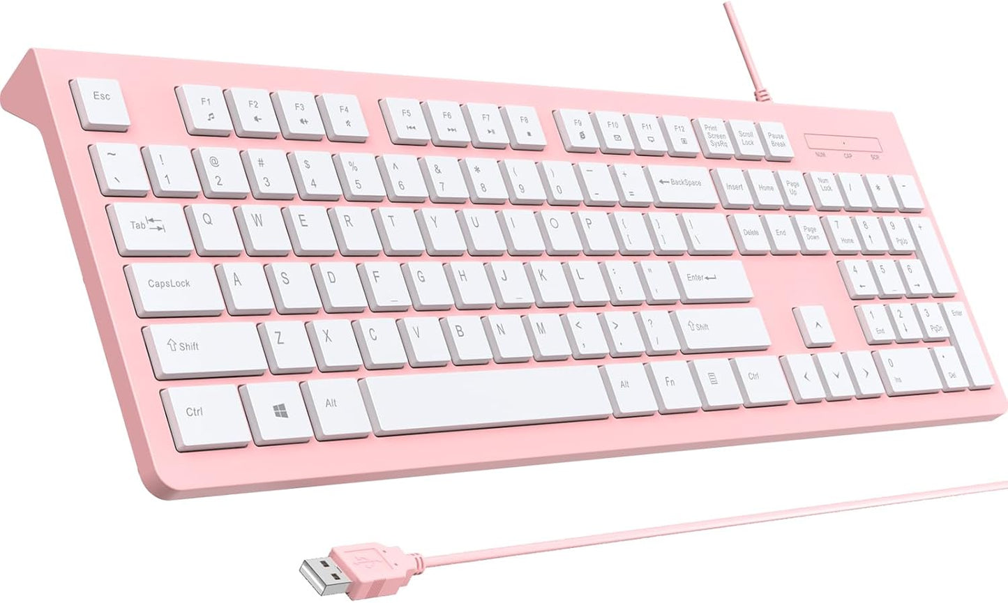 Computer Keyboard Wired, Plug Play USB Keyboard, Low Profile Chiclet Keys, Large Number Pad, Caps Indicators, Foldable Stands, Spill-Resistant, Anti-Wear Letters for PC Laptop (Pink, 1-Pack)
