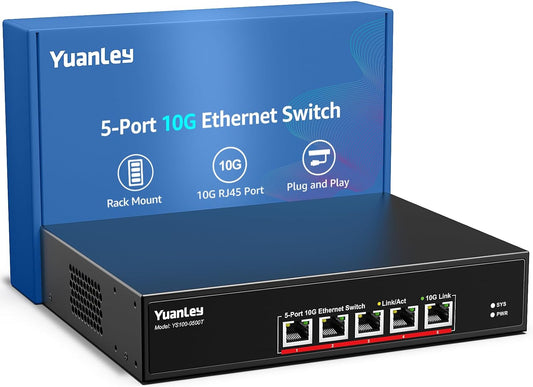 YuanLey 5 Port 10G Ethernet Switch, 5 x 10Gbps RJ45 Ports, Support 10G/5G/2.5G/1G/100Mbps Speed Auto-Negotiation, 100Gbps Switching Capacity, Unmanaged Switch Rackmountable, Plug and Play