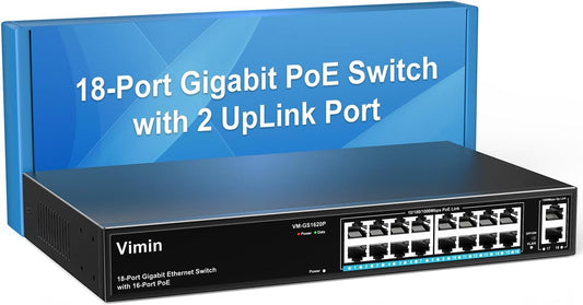 16 Port Gigabit PoE Switch with 2 Uplink Gigabit Ports, VIMIN 18 Port Unmanaged Ethernet PoE Switch with 250W Power, Support IEEE802.3af/at, VLAN, Metal Housing, 19 inch Rack-Mount, Plug & Play