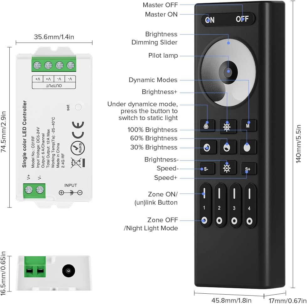 BTF-LIGHTING 5050SMD FCOB COB Dimming RF 2.4GHz Wireless Remote RC01RFB & C01RF Tuya Controller Kit 4 Zones Group Control PWM Single Color (+V -V) 2pin LED Strip Neon Rope Light DC5V DC12V DC24V