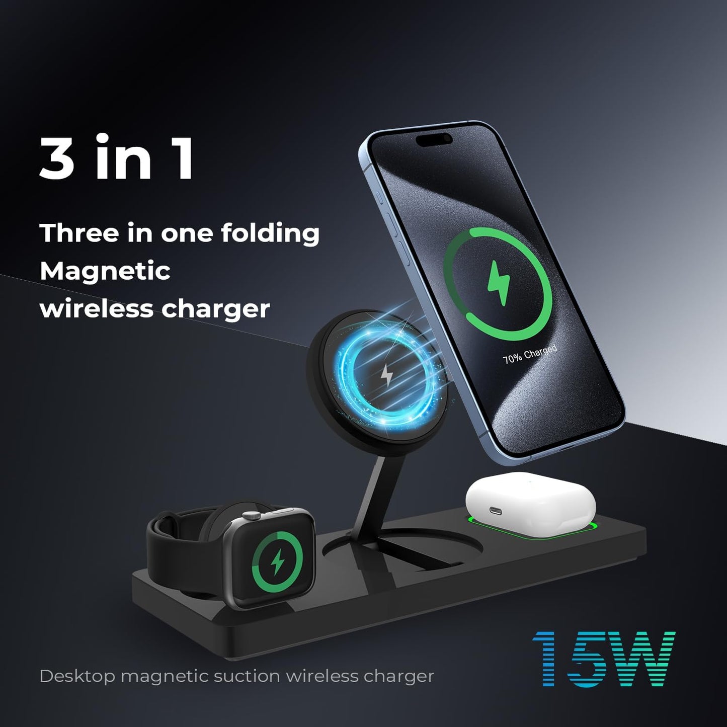 Wireless Charger Station 3 in 1, Fast Charging for iPhone 15/14/13/12 Pro/Max/Mini/Plus, Apple Watch 8/7/6/SE/5/4/3/2, AirPods 3/2/Pro/Pro 2, with Adapter (Black)