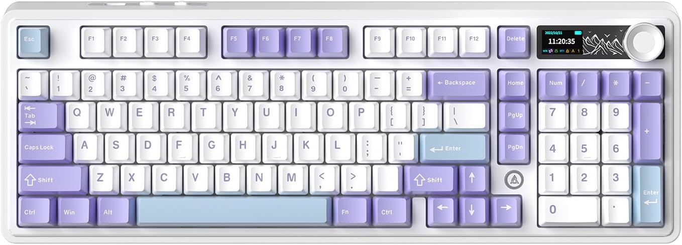 AK980 97Keys Tri-Mode Full Mechanical Keyboard, Gasket-Mounted, Hot-Swappable, 1.14” TFT Smart Display, Bluetooth 5.1/2.4G Wireless/Wired, PBT Keycaps RGB Backlit (Purple, Qingyun Tactile Switch)