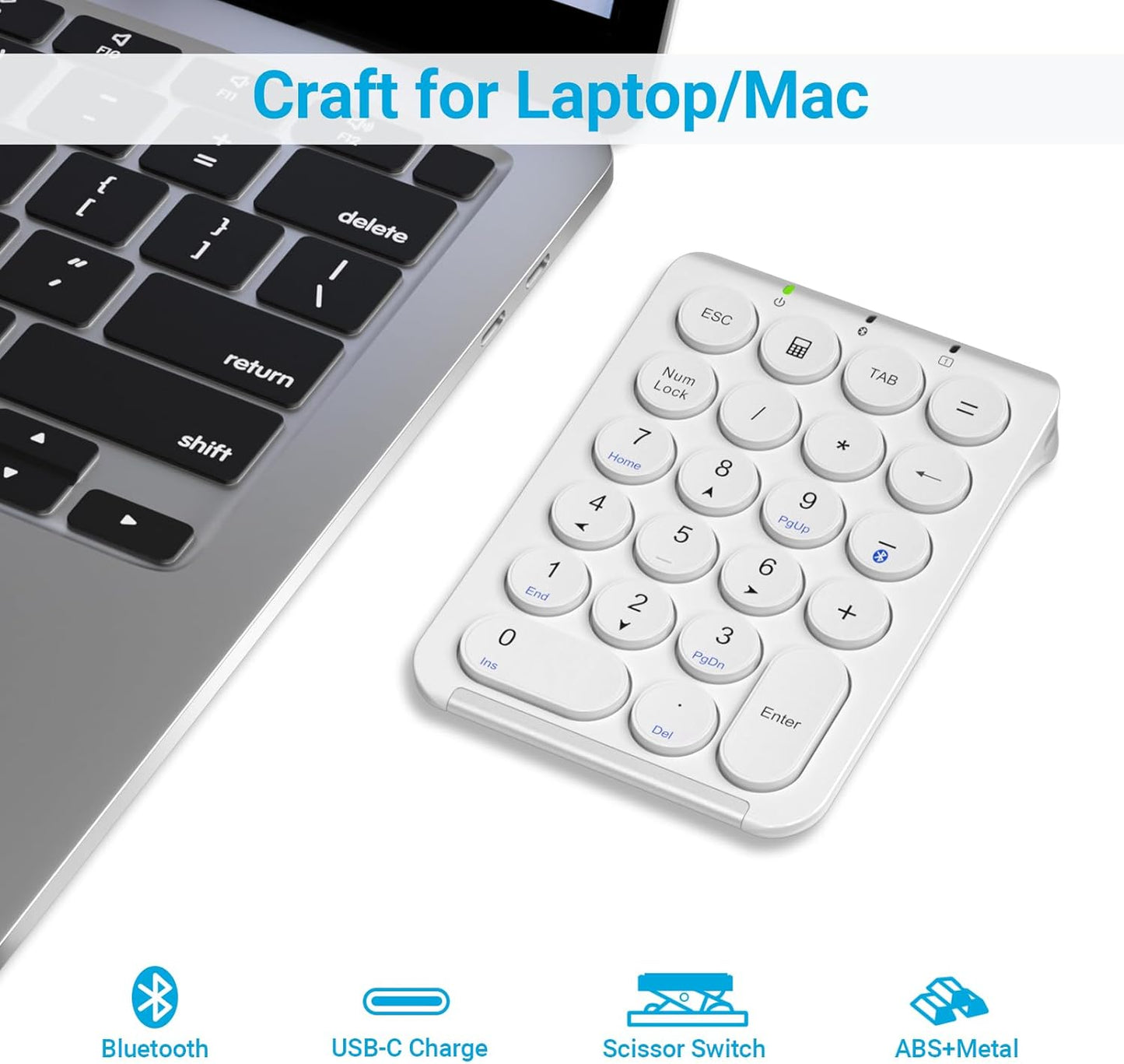 iClever Number Pad, KP08 Bluetooth Number Pad, Ultra Slim and Lightweight, USB-C Charge, Number Pad for Laptop, iPad, Mac, iMac, Tablet, PC Desktop