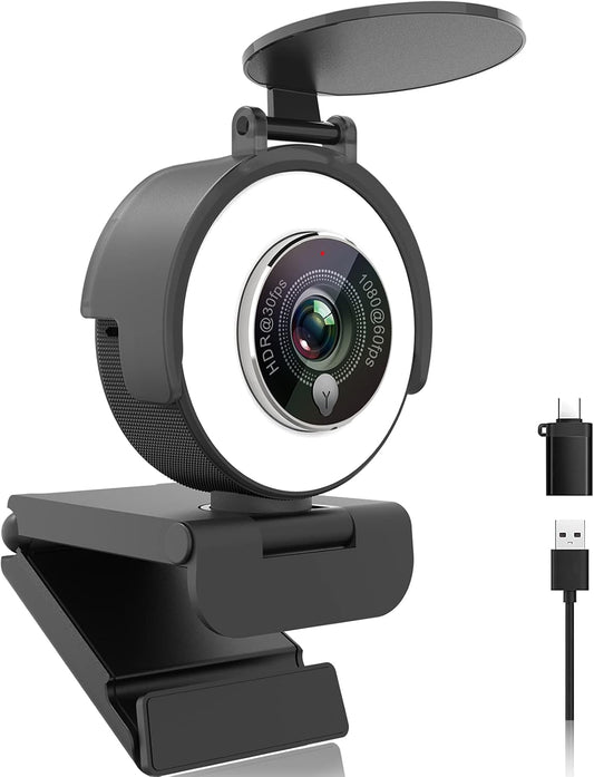 Angetube 1080p Webcam with Ring Light for Streaming: USB 60FPS Web Camera with Microphone-HDR-Enabled-HD Auto Light Correction Web Cam with Adjustable FOV, for Teams, Zoom, PC/Laptop/Mac/Desktop