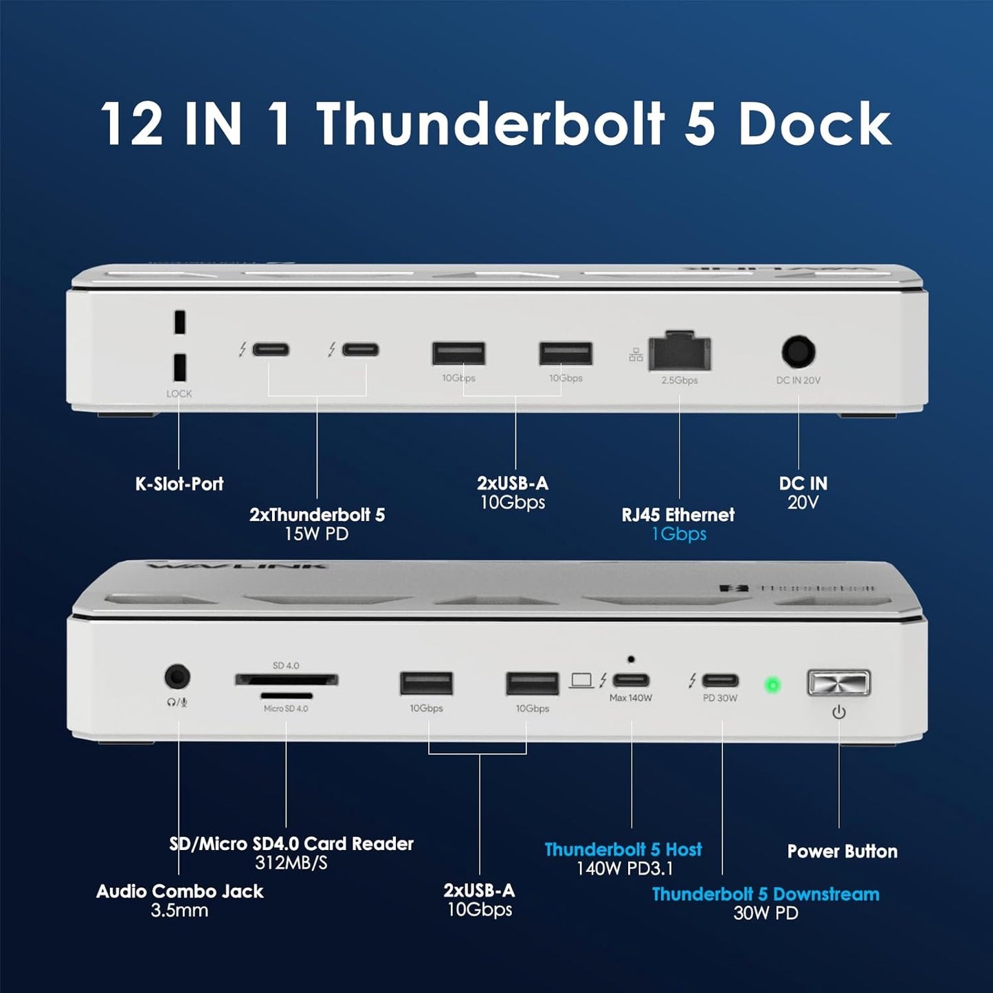 WAVLINK Thunderbolt 5 Docking Station, 12-in-1 Thunderbolt 5 Dock with 120Gbps Max Transfer, 140W PD, 2.5G Ethernet Port, 4X USB-A 3.2 Gen 2, SD 4.0, 8K Display for Thunderbolt 5/4 Laptops