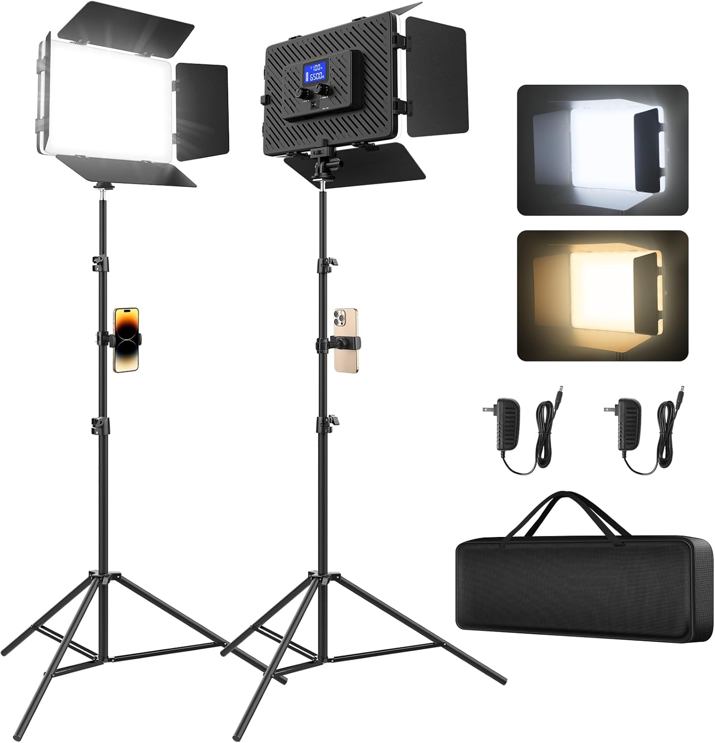 2 Pack Led Video Light Panel Light with Barndoor, 8000mAh Rechargeable Camera Light with 79'' Stand, Photo Studio Lighting kit for Video Recording Live Streaming Outdoor Indoor Photography