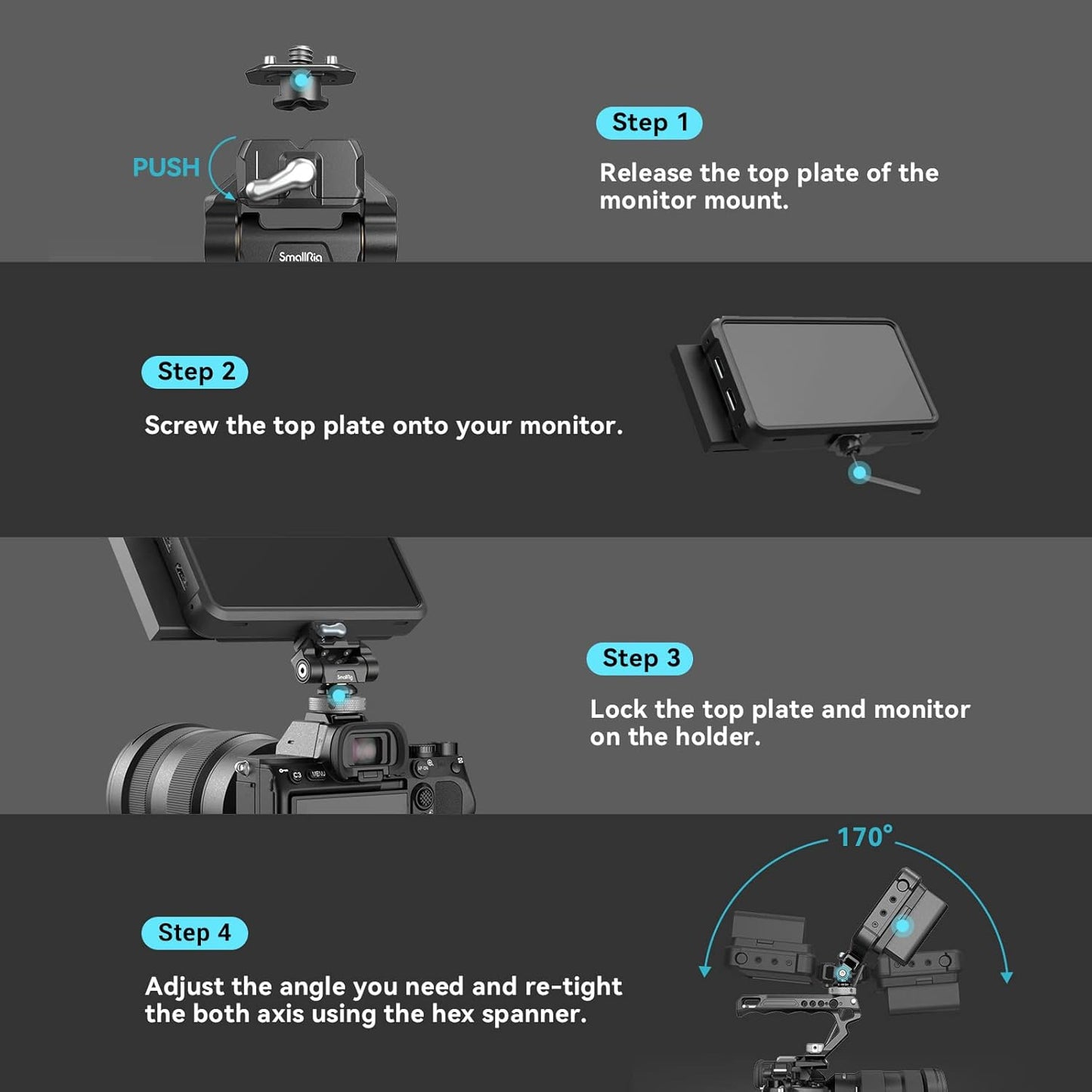 SmallRig Quick Release Camera Monitor Mount with Cold Shoe, Supports Swivel 360° and Tilt 170° Adjustable, Drop-in HawkLock Camera Hot Cold Shoe Monitor Holder for 5" & 7" Monitor - 3514C