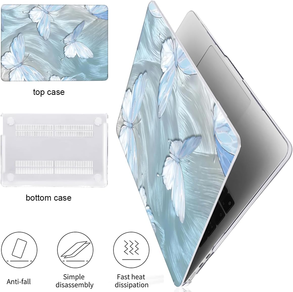for MacBook Air 13.6 inch Case M4 2025 A3240 2024 M3 A3113 M2 A2681 2022 2023,Crystal Clear Printed Pattern Plastic Hard Shell Cover for 2025 MacBook Air 13 M4 Touch ID, Tin Foil Butterfly