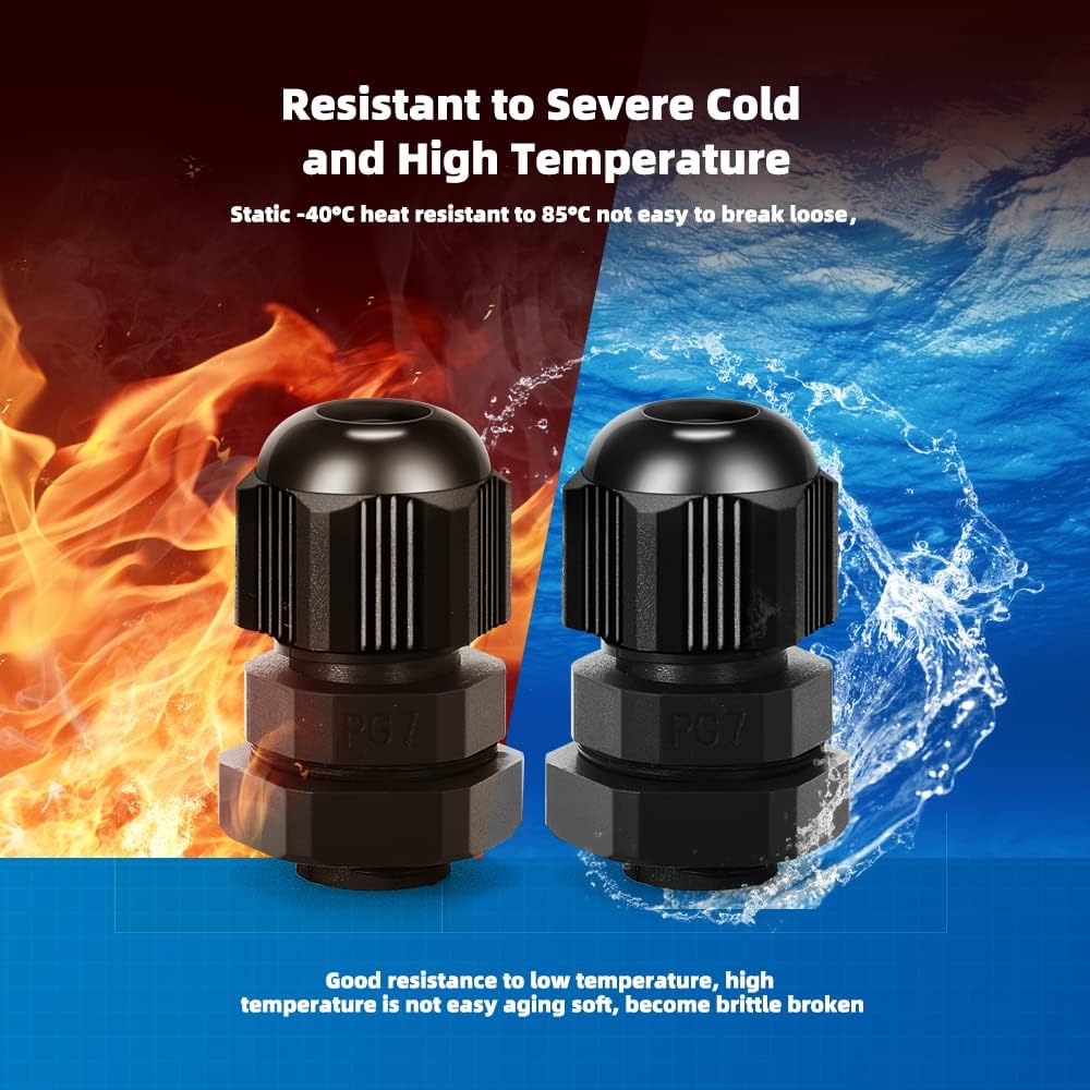 Cable Gland 20 Pack Plastic Waterproof Adjustable Connector 3-7mm PG7 Strain Relief Cord Connectors Joints Nylon with Gaskets