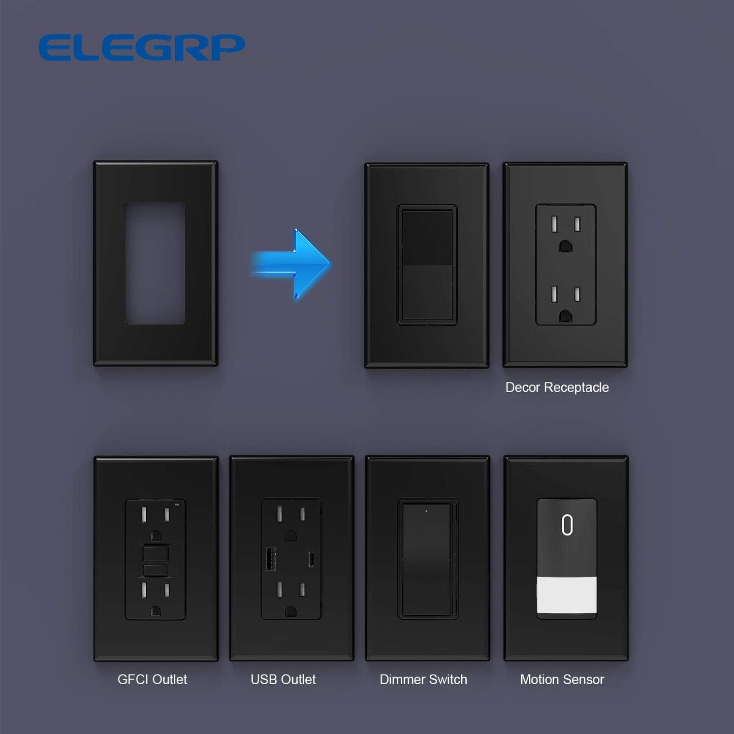 ELEGRP 1-Gang Screwless Decorative Wall Plates, Standard Size Unbreakable Thermoplastic Faceplate Cover for Decorator Receptacle Outlet Switch, UL Listed (10 Pack, Glossy Black)