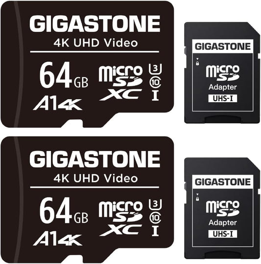GIGASTONE 64GB Micro SD Card 2-Pack, A1 V30 4K Video Recording, Surveillance Security Cam Action Camera Drone Professional, 90MB/s Micro SDXC UHS-I U3 Class 10