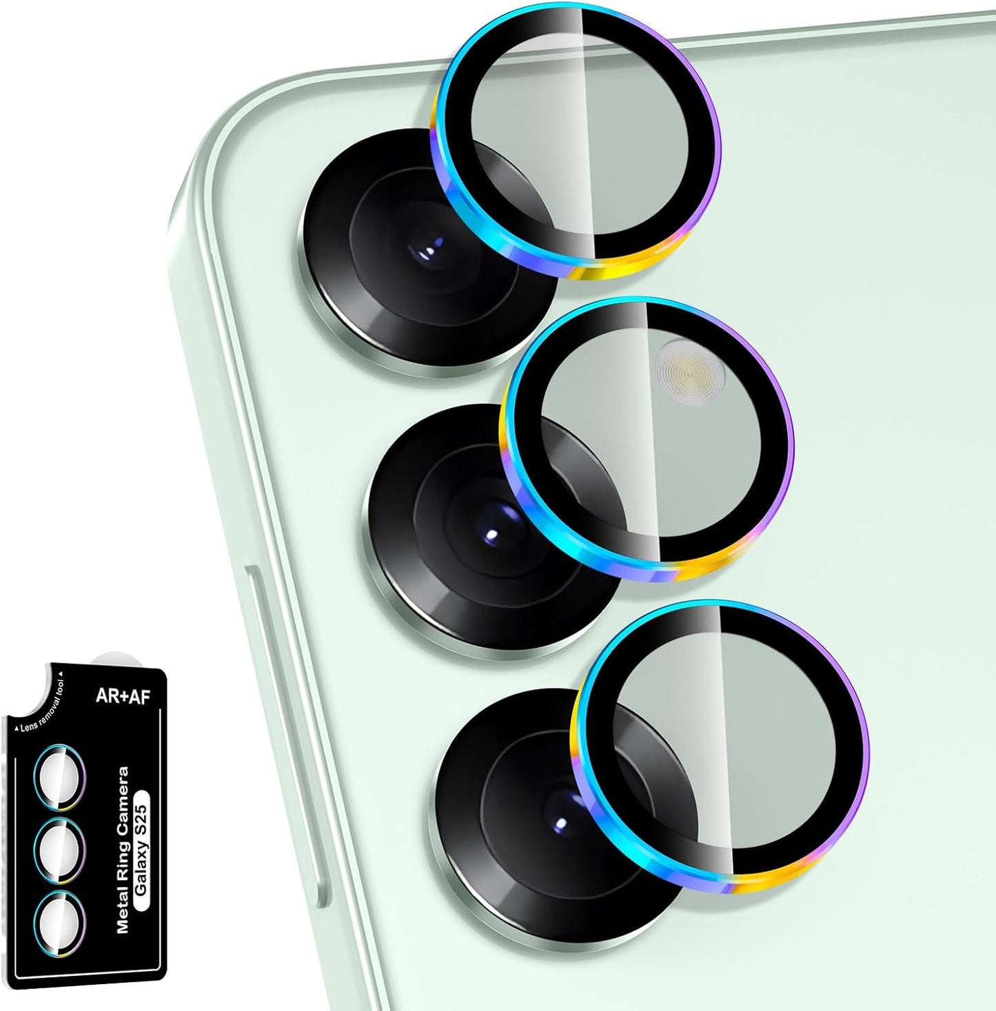 for Samsung Galaxy S25 Camera Lens Protector, Individual Metal Ring Tempered Glass Lens Cover, [Strong Adsorption] Scratch Resistant Ultra-Thin HD Clear Lens Cover, 1 Set-Colorful Ring