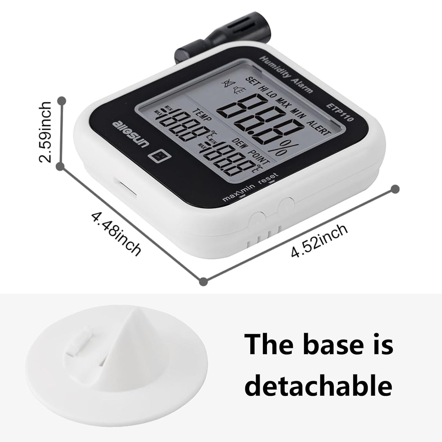 ALLOSUN Digital Thermometer Hygrometer Indoor Humidity Greenhouse Temperature Monitor Alarm Long Probe Gauge Dew-Point Meter with LCD Display