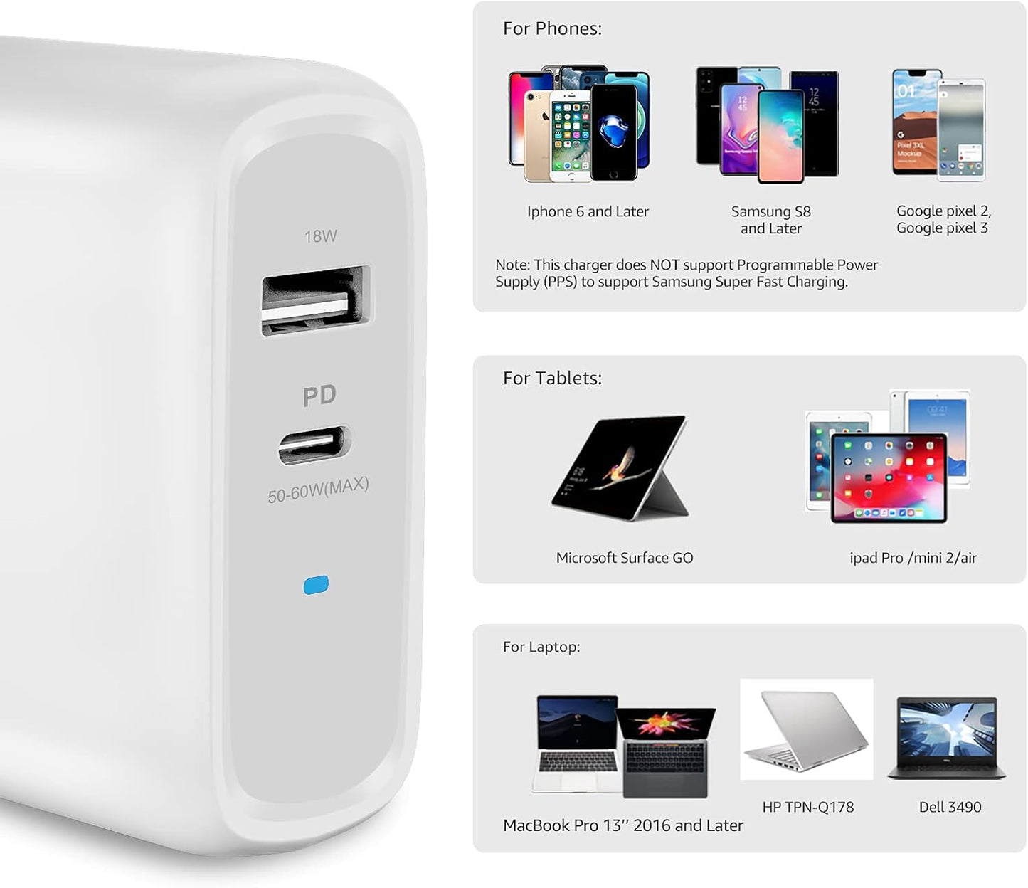 Amazon Basics 68W Two-Port GaN Wall Charger with 1 USB-C (60W) & 1 USB-A Ports (18W) with PD for Laptops, Tablets & Phones (iPhone 16/15/14/13/12/11/X, iPad, MacPro, Samsung, and more), Non-PPS, White