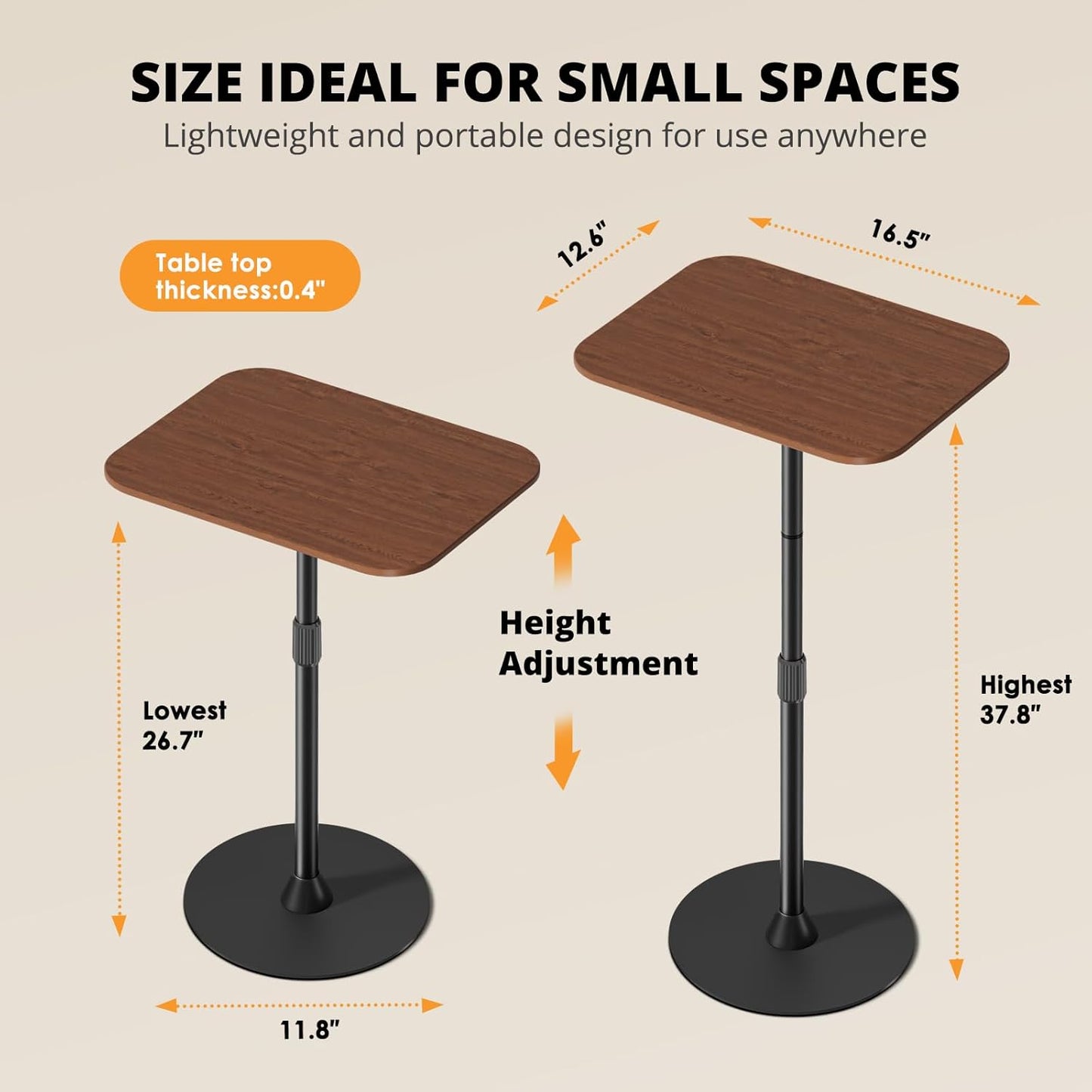Adjustable Floor Laptop Stand, Height Adjustable Laptop Desk up to 37.8", Multifunctional Side Table for Sofa, Bedside, and Office with Sturdy Metal Base & Wooden Top