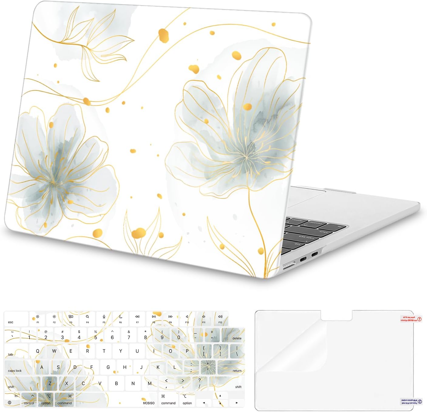 MOSISO Compatible with MacBook Air 13 inch Case 2025 2024 2023 2022 M4 A3240 M3 A3113 M2 A2681, Ink Petals Plastic Hard Shell&Keyboard Cover&Screen Protector for MacBook Air 13.6 inch Case, Green