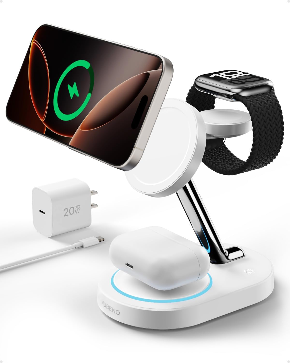 Fast Charging Station for iPhone 16/16 Pro/16 Pro Max, Wireless Charger Station for MagSafe iPhones, 3 in 1 Magnetic Charger Stand for iPhone 16/15/14/13/12 Series, Apple Watch & AirPods.(White)