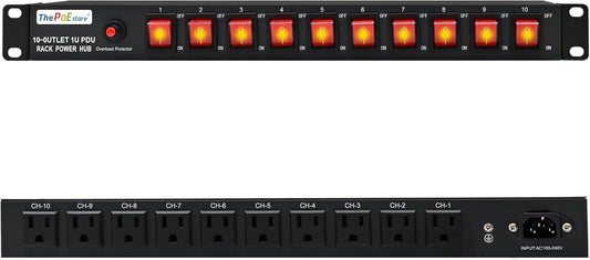 10 Outlet Horizontal 1U PDU Rack Mount Power Strip - Surge Protection,10 Individual Led Switches，AC 100V-240V-15A.for Network Server Racks, 6 ft Heavy Power Cord, ETL Listed