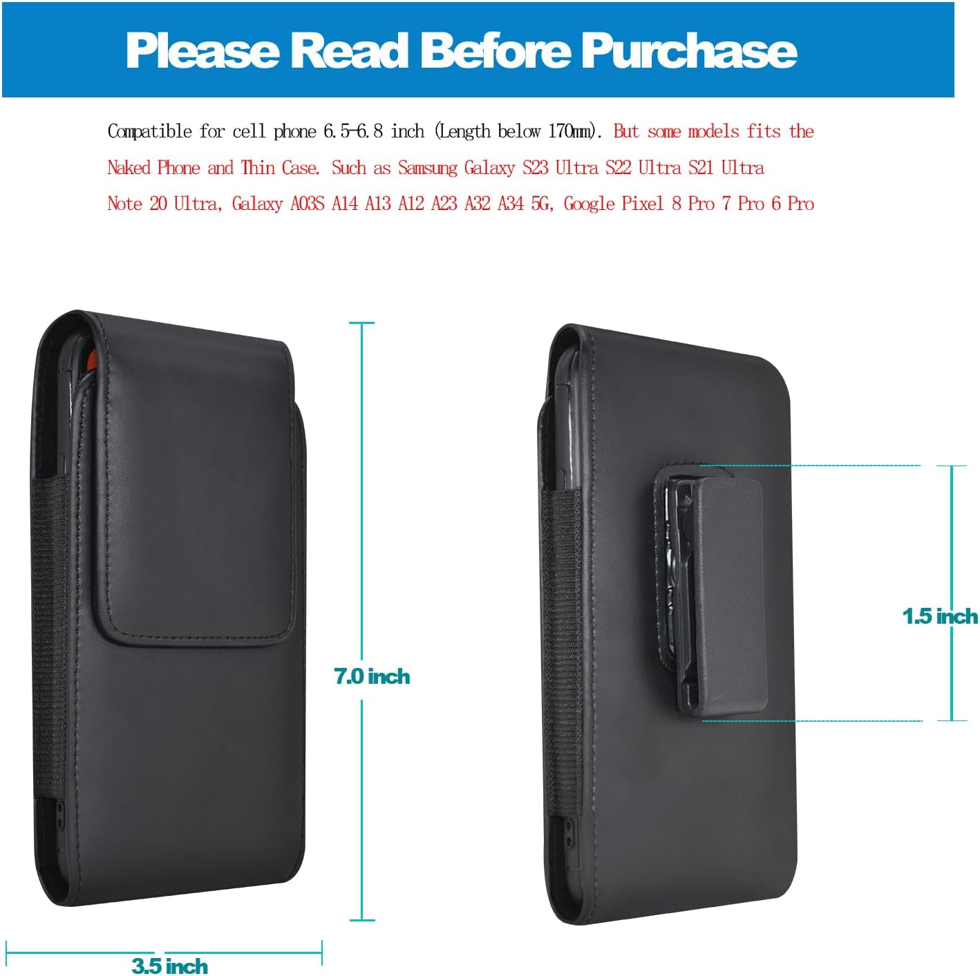 Galaxy S25 Ultra S24 S23 S22 S21 Note 20 Ultra Phone Holster Holder Phone Belt Clip Case PU Leather Pouch for Samsung Galaxy A03S A16 A15 A14 A13 A12 A23 A32 A35 A34 5G, Google Pixel 8 7 6 Pro