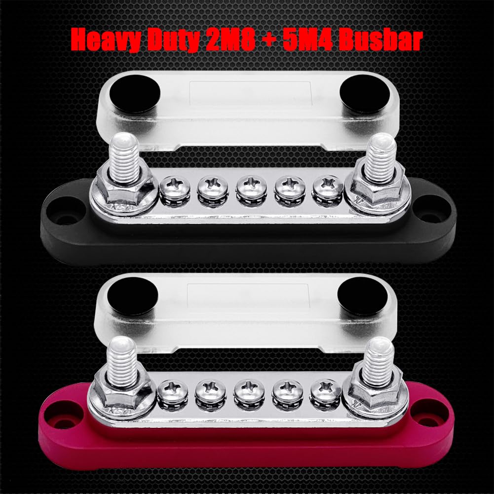 2 x M8 (5/16") Power Distribution Block Bus Bar 12V with 5 x M4 (#8) Screws, Ampper 4.3" 200A Marine BusBar Battery Distribution Block W/Cover for Car Boat Solar (Red & Black)
