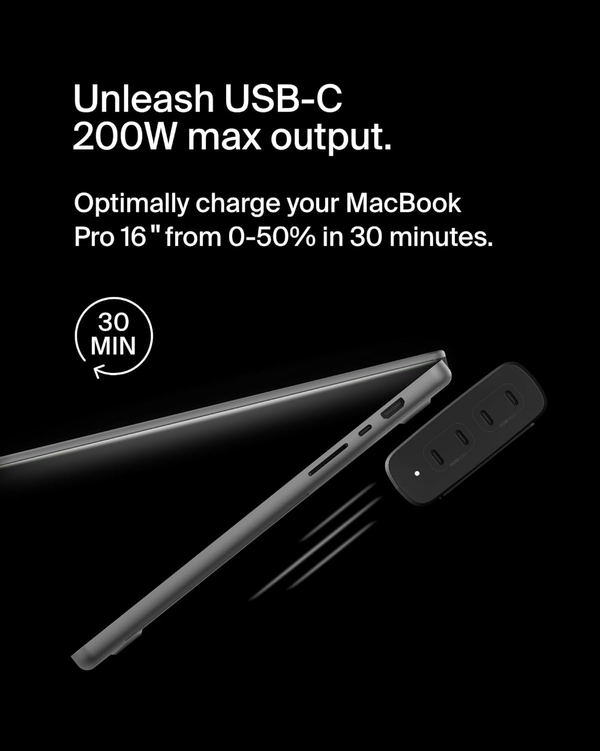 Belkin 4-Port USB C Charger Block, 200W GaN Multi-Port Charger USB-C PD 3.1 Fast Charge + 5ft Power Cord - MacBook, iPhone 16, iPad, Galaxy S25, Google Pixel, Nintendo Switch 2 - Black