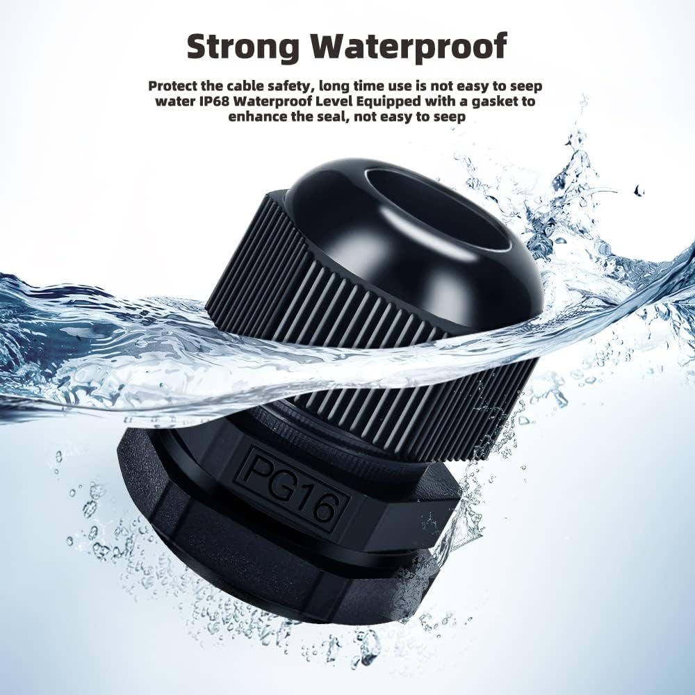 Cable Gland 20 Pack Plastic Waterproof Adjustable Connector 9-14mm PG16 Strain Relief Cord Connectors Joints Nylon with Gaskets