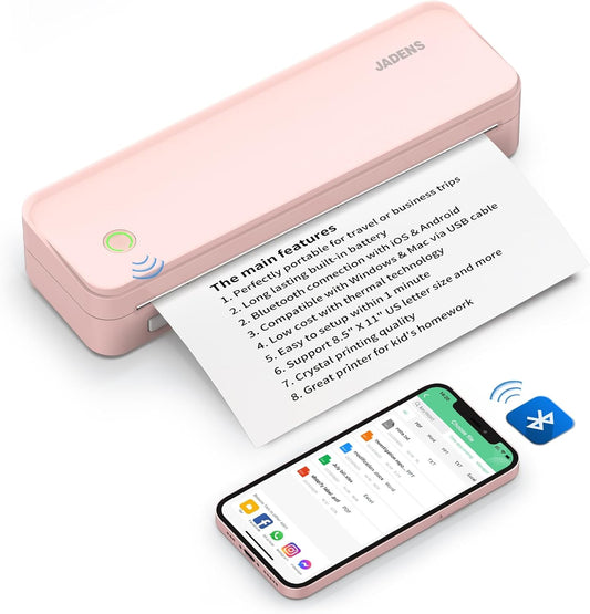 JADENS Pink Bluetooth Thermal Printer, Support 8.5" X 11" US Letter, Portable Printers Wireless for Travel, Inkless Printer Compatible with iOS, Android, Mobile Printer for Home, Office, School