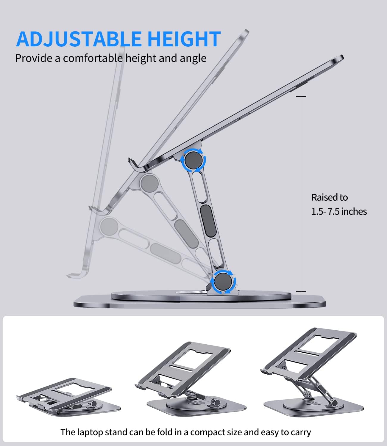 Adjustable Laptop Stand with 360 Rotating Base, Stable Computer Stand for Laptop Ergonimic Foldable Laptop Riser for Desk Compatible with MacBook Pro/Air Notebook up to 16 Inches, Grey