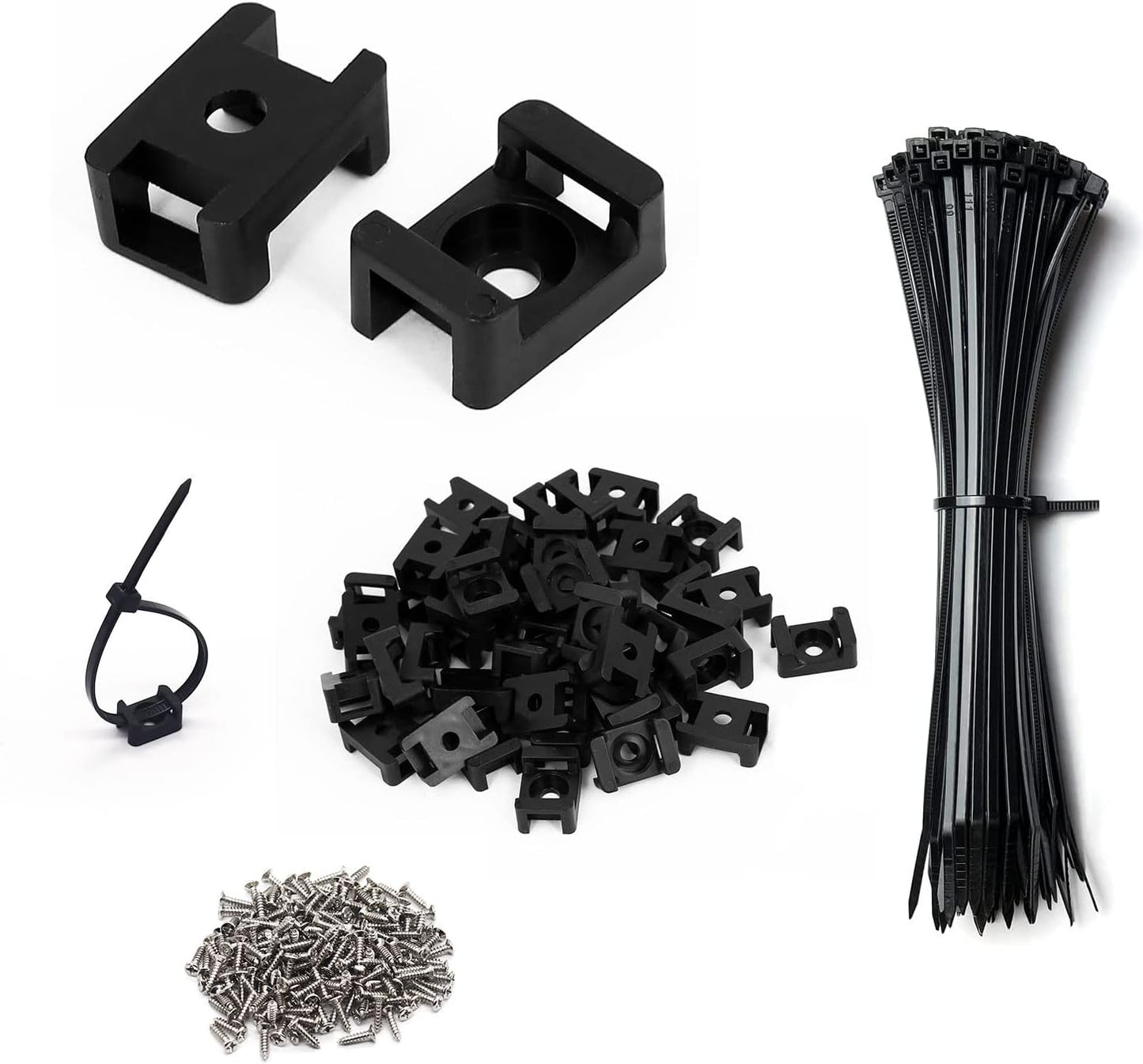 Cable Zip Tie Mounts Kit - 240 Set Wire Cable Clips Organizer Holders with 8" Cable Ties, Saddle Type Mounts Base and Tapping Screw, Black