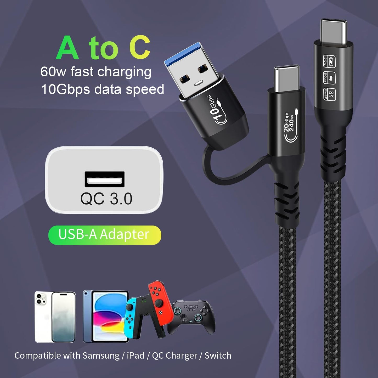 CABLEDECONN USB2.0 A to USB C 3.2 Type C 20Gbps Male to Male Detachable 2m 6.6ft Cable Data Extension 10Gbps 240W Fast Charge 8K Ultra HD Video Data Connection Power Line
