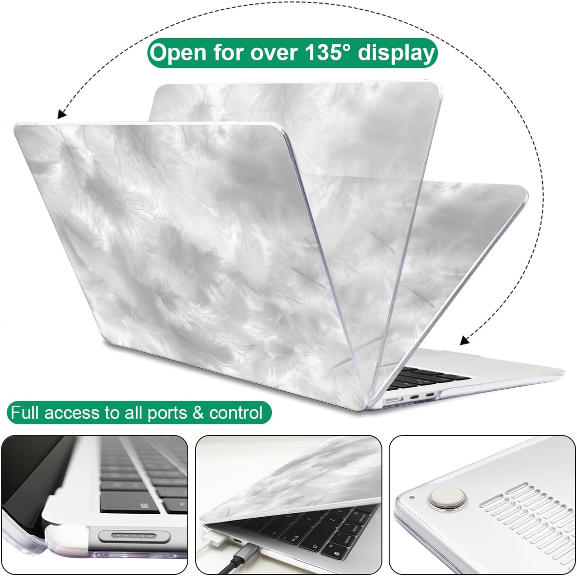for M4 MacBook Air 13.6 Case 2025 2024 2023 2022 M3 A3113 A2681 M2 Chip, Pattern Plastic Matte Hard Shell Case Keyboard Skin for 2025 Mac Air 13.6 inch Cover M4 A3420 Touch ID, Gray Feather