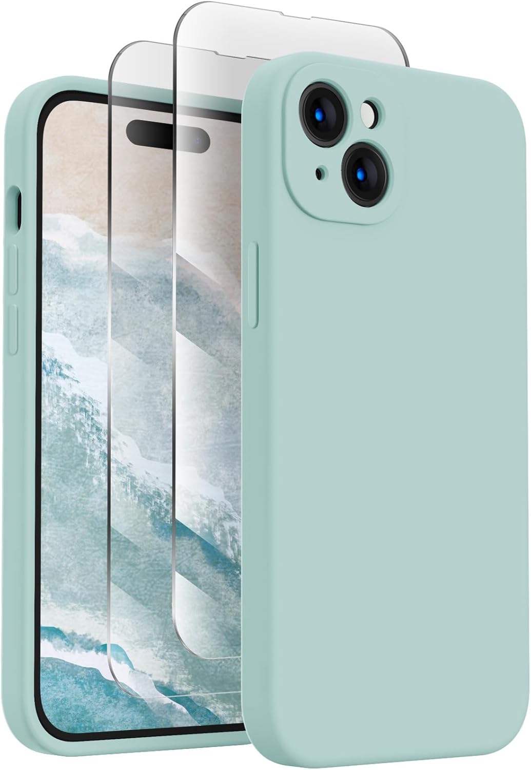 FireNova Designed for iPhone 15 Case, Silicone Upgraded [Camera Protection] Phone Case with [2 Screen Protectors], Soft Anti-Scratch Microfiber Lining Inside, 6.1 inch, Mint Green