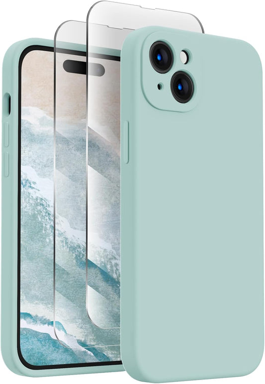 FireNova Designed for iPhone 15 Case, Silicone Upgraded [Camera Protection] Phone Case with [2 Screen Protectors], Soft Anti-Scratch Microfiber Lining Inside, 6.1 inch, Mint Green