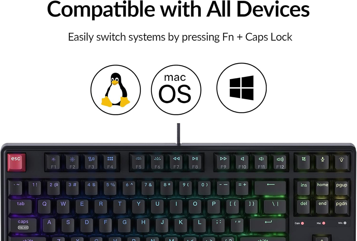 Keychron C3 Pro TKL 80% Wired Mechanical Keyboard, 8K Polling Rate, QMK/VIA Programmable, Hot-Swappable, RGB Backlit Shine-Through Keycaps, Super Red Switch, for Windows/Mac