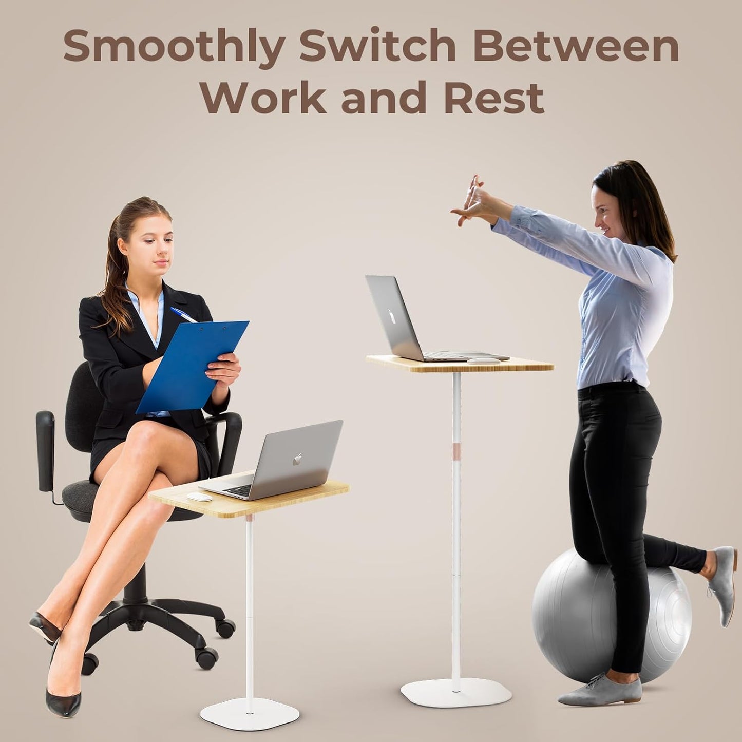 Portable Laptop Floor Stand, Bedside/Sofa Table with Height Adjustable 18''~47'', Stylish Movable Workstation Floor Standing Desk for Office, Meeting Room, Living Room Easy Assembly, White