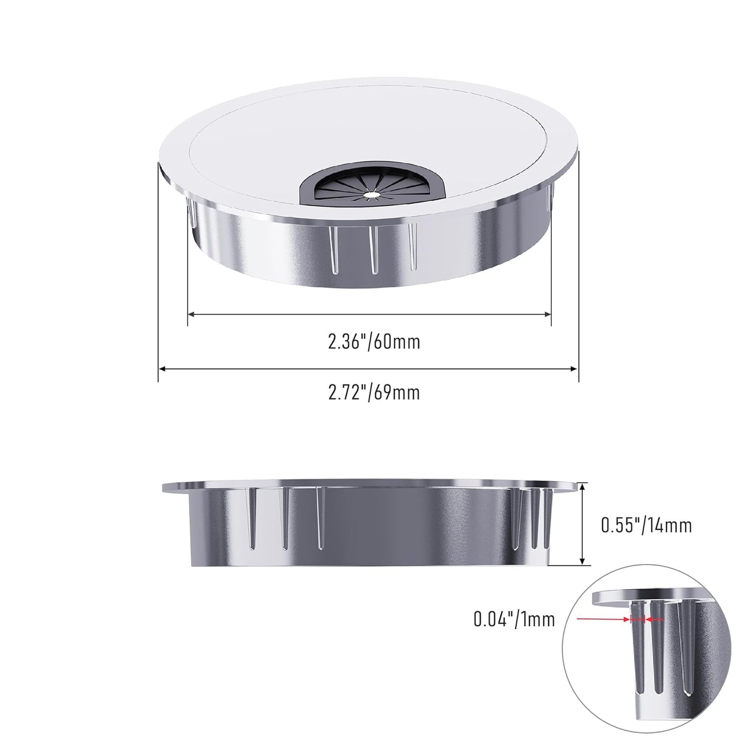 2 Pack Desk Grommet 2-3/8 Inch 60mm, Zinc Alloy Computer Desk Wire Hole Cover, Office Desktop Cord Cable Hole Metal Ring, Bright Silver