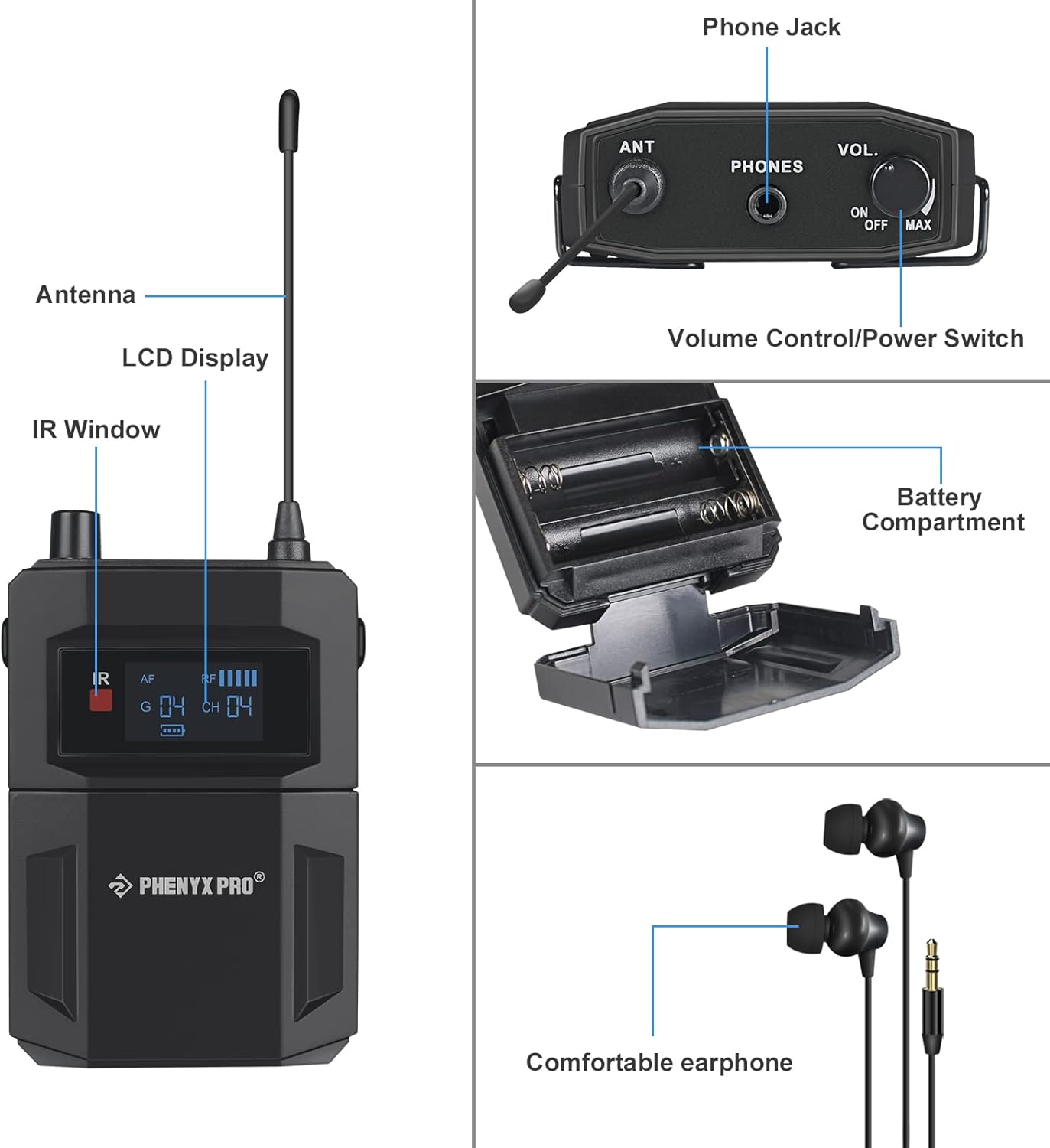 Phenyx Pro PTM-11/PTM-22 Mono Wireless in Ear Monitor System Bodypack Receiver, Performance with Adjustable Frequencies