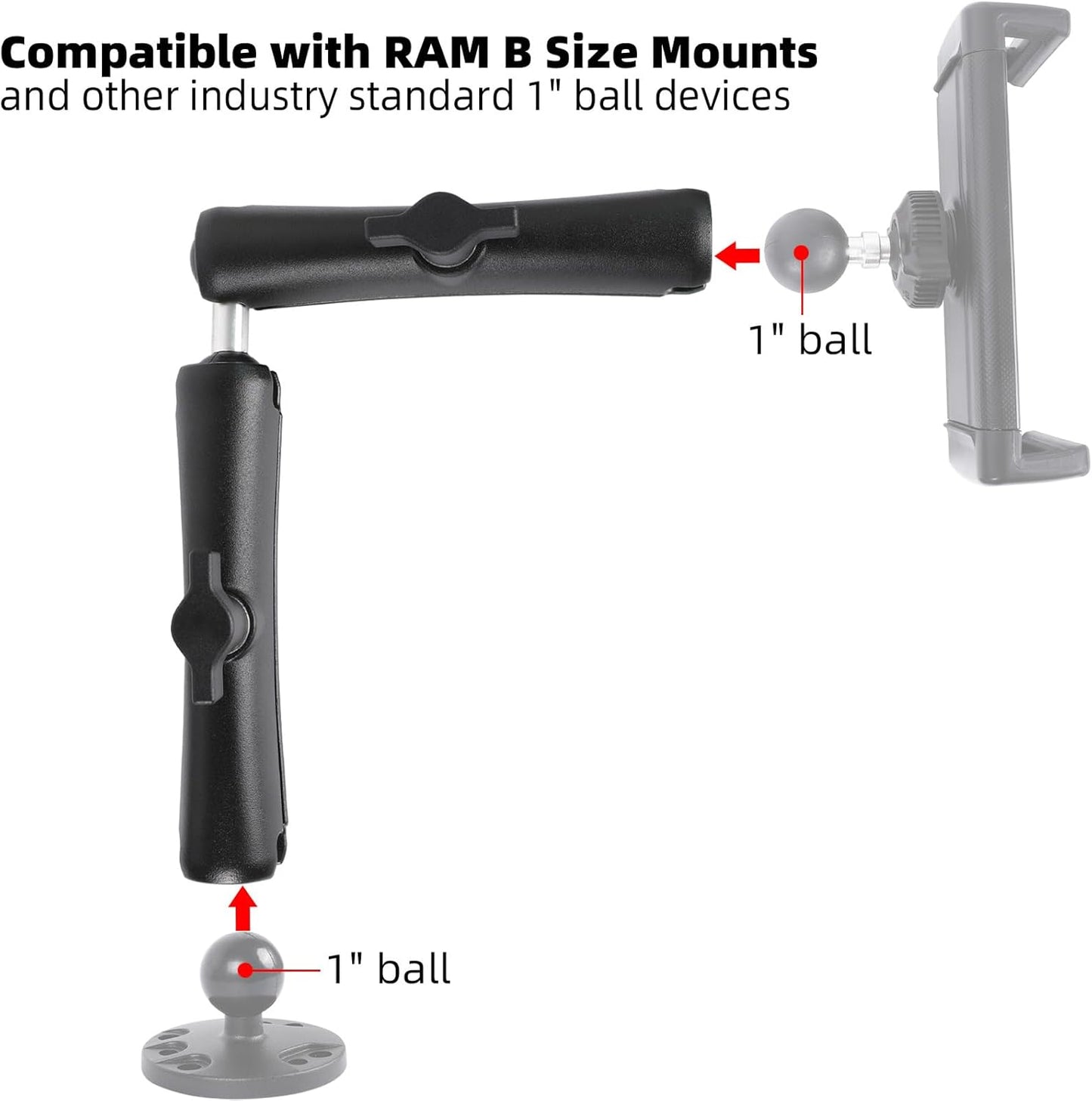 Dual Extension Double Socket Arm with 1" Double Ball Adapter Compatible with RAM B Size Mount and Other 1 inch Industry Standard Device, 360° Rotation Rod for Bike, Truck, Car (12.7" Length)