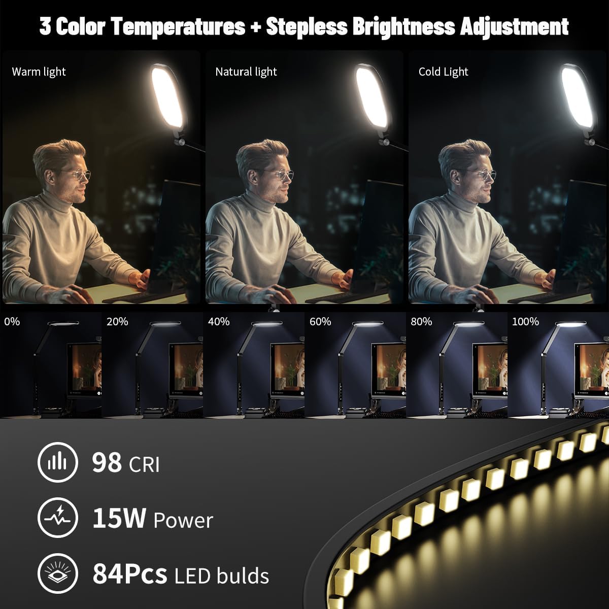 Desk Zoom Meeting Light for Video Conference, Computer Lights with Clamp for Video Call, Eye-Caring Side-Emitting Tech with Adj. Brightness, Color Temp, Memory & Timing Func