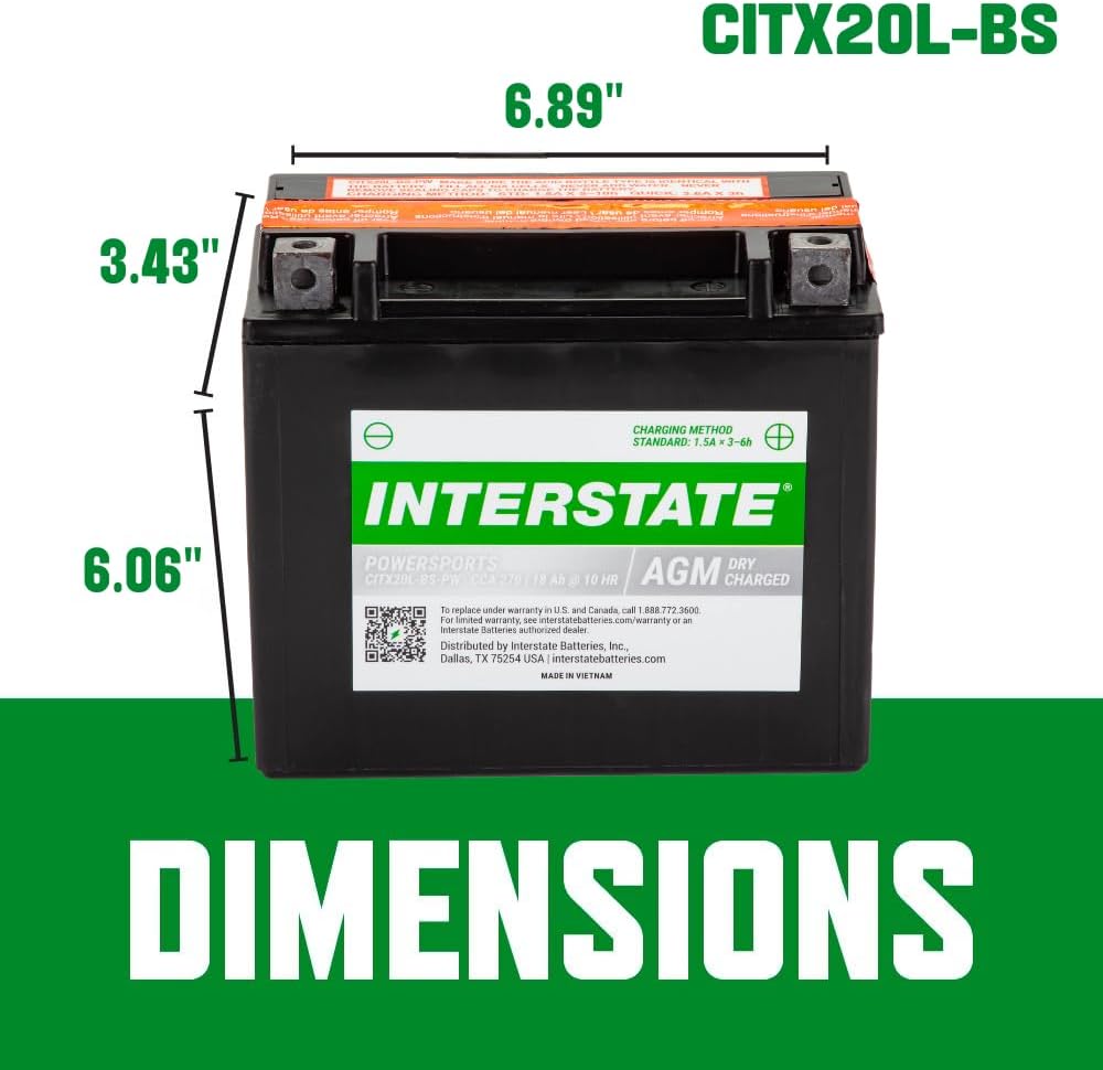 Interstate Batteries YTX20HL-BS 12V 18Ah Powersports Battery 270CCA High-Performance AGM Rechargeable Replacement for Motorcycles, ATVs, UTVs, Jet Skis, Snowmobiles (CITX20L-BS-PW)