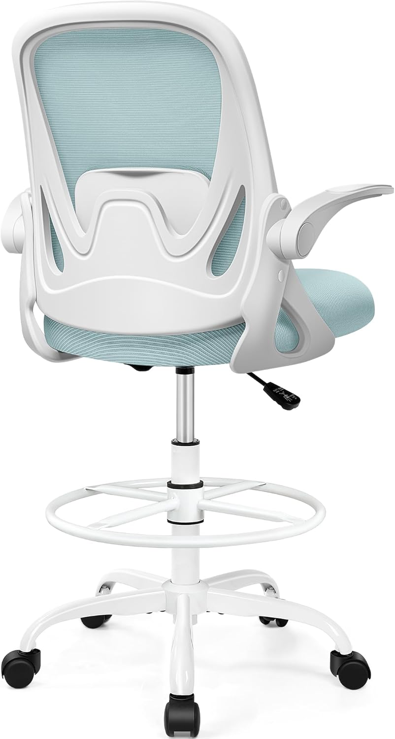 Drafting Chair Tall Office Chair with Flip-up Armrests, Adjustable Height, and Enhanced Lumbar Support - Ergonomic Rolling Stool, Back Support, and Adjustable Foot Rest Ring Light Blue