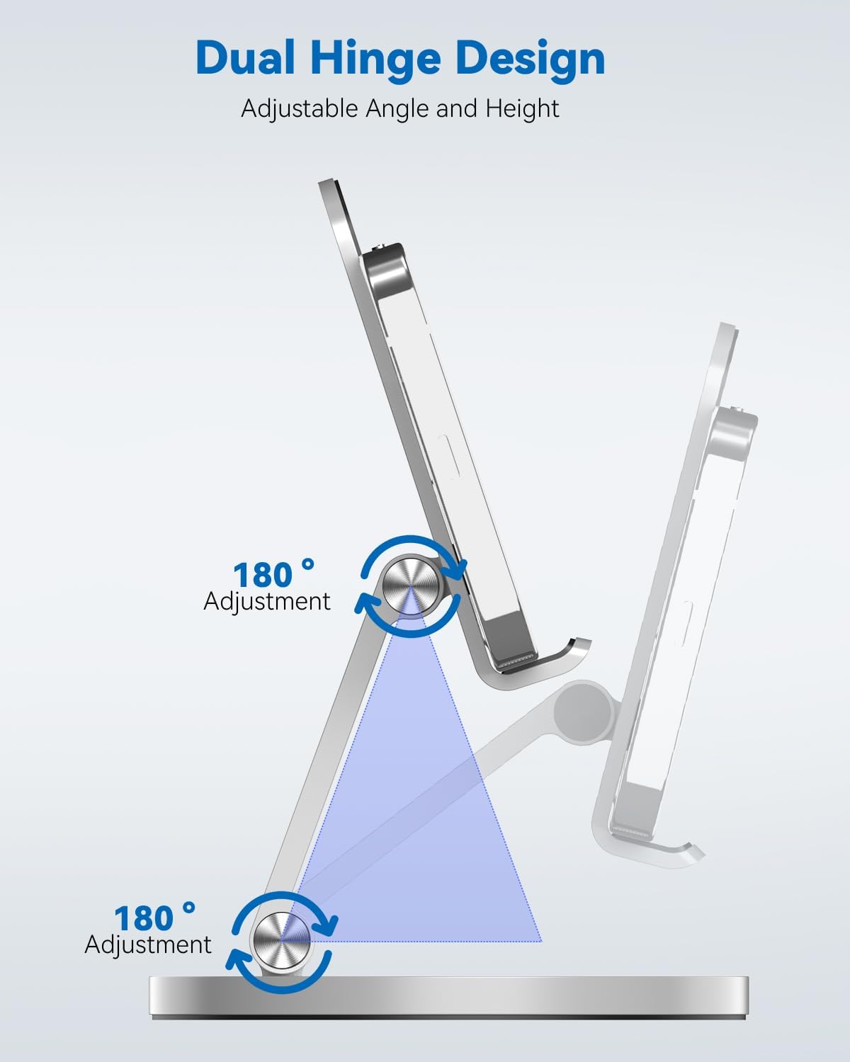 360 Rotating Phone Stand for Desk, Dual-Adjustable Foldable Aluminum Desktop Phone Holder Compatible with iPhone 16 15 14 13 12 11 Series, iPad-Mini, 4-8" All Phones (Silver)