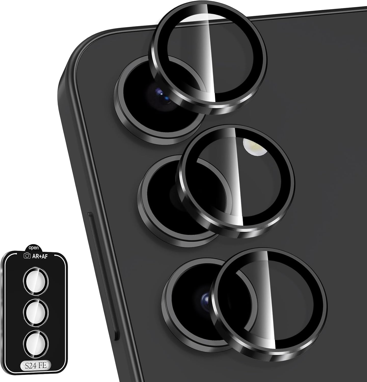 for Samsung Galaxy S24 FE Camera Lens Protector, Individual Metal Ring Tempered Glass Lens Cover, [Strong Adsorption] Scratch Resistant Ultra-Thin HD Clear Lens Cover, 1 Set-Black Ring