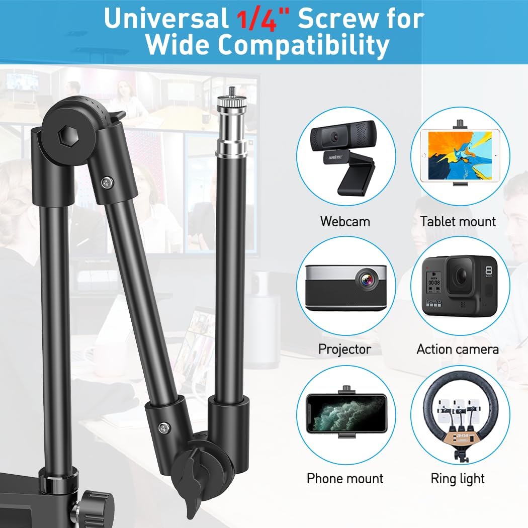 KDD Webcam Stand Camera Mount with Phone Holder, 22 Inch Foldable Flexible Gooseneck Cell Phone Clamp & Table Projector Mount, for Logitech C922 C930e C920S C920 C960 Brio 4K, Gopro Hero 8 7 6 5